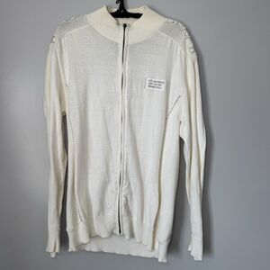 Vintage Men's Buckle Grunge Cream/Off White Cotton Ribbed Zip Up Sweater Sz Lg
